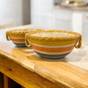Artimino Tuscan Countryside Stripe Soup Pasta Bowls Set of 2 Rope Rim Handles